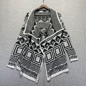 b-Sharp Cardigan Sweater Womens Medium Black White Geometric Knitted Open Front